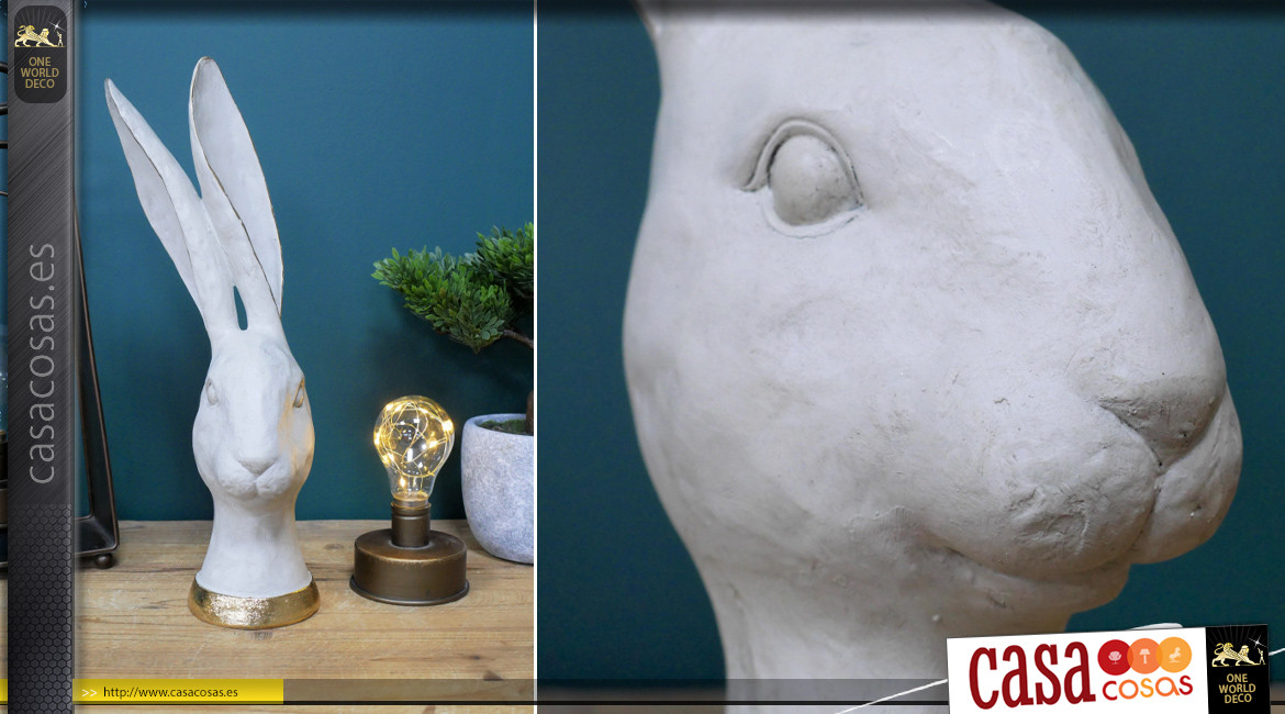 Cabeza de conejo de resina acabado blanco con collar de oro envejecido, ambiente Alicia País de las Maravillas, 39cm
