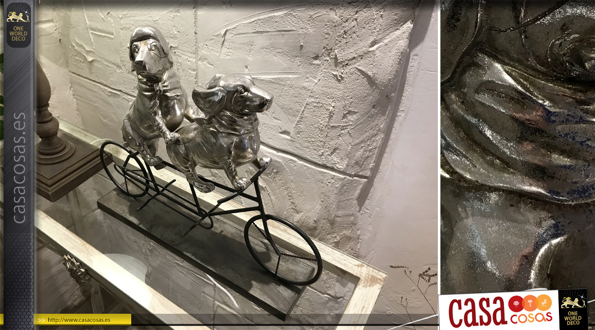Deco de perros en bicicleta, en resina y metal, negro antracita y acabado plata envejecida, 40cm