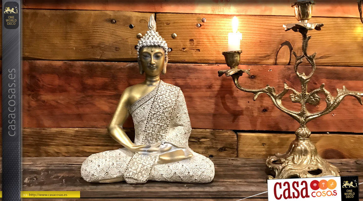 Estatuilla de Buda en posición de loto, blanqueada y acabado dorado, 27 cm