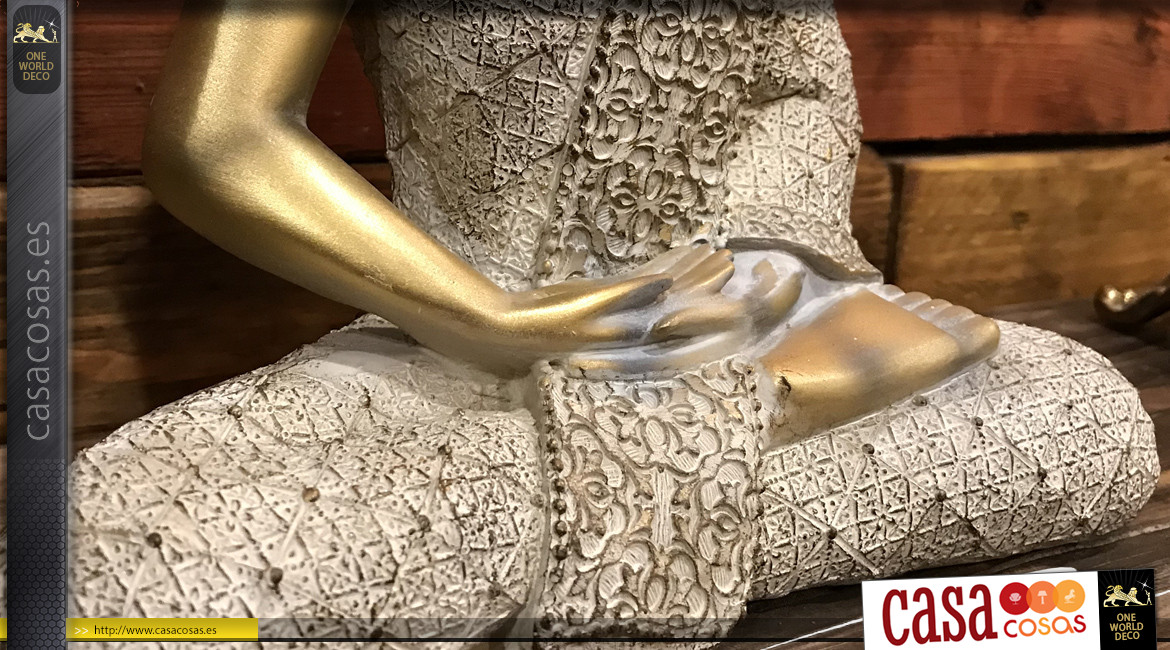 Estatuilla de Buda en posición de loto, blanqueada y acabado dorado, 27 cm