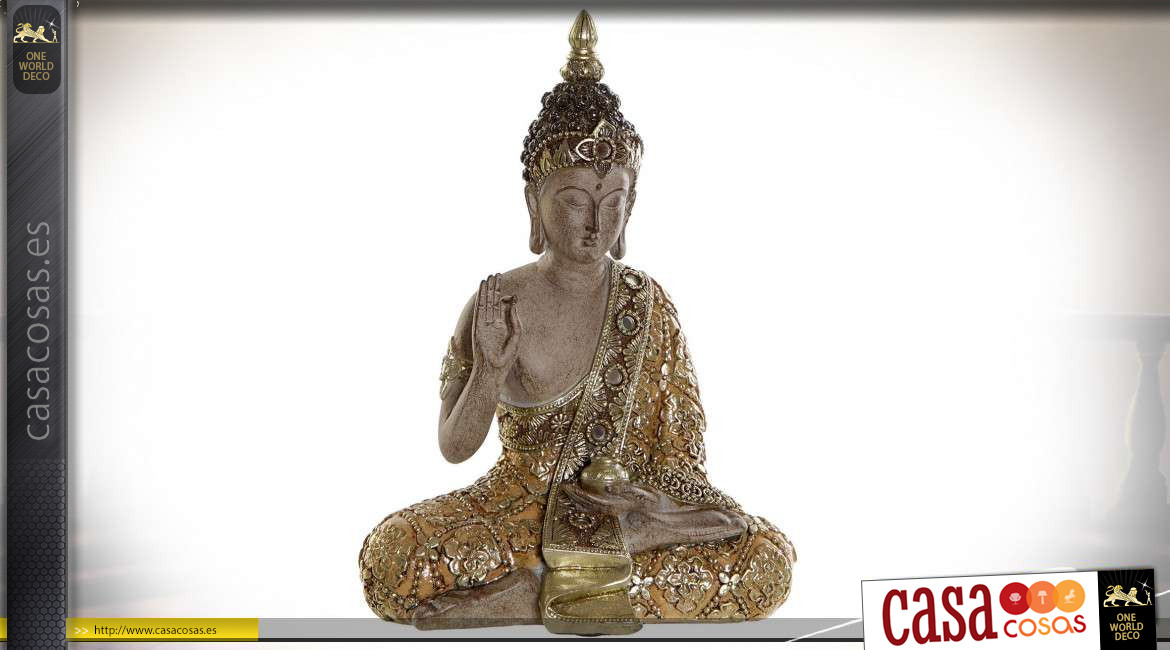 Estatuilla de Buda en resina acabado dorado con pequeños espejos redondos, ambiente zen y relajado, 20cm