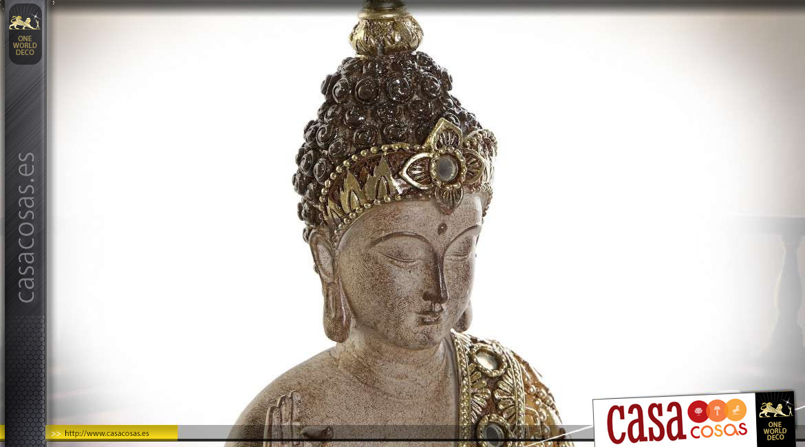 Estatuilla de Buda en resina acabado dorado con pequeños espejos redondos, ambiente zen y relajado, 20cm