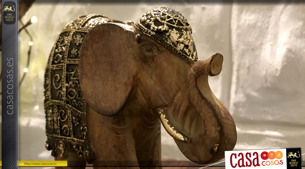 Estatuilla de elefante de resina, escultura espiritu india, acabado dorado y marrón oscuro, 17,5 cm