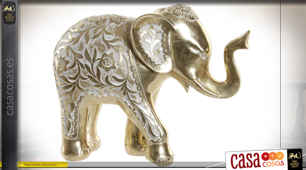 Estatuilla de elefante en resina con acabado dorado, efecto antiguo, ambiente safari, 29cm