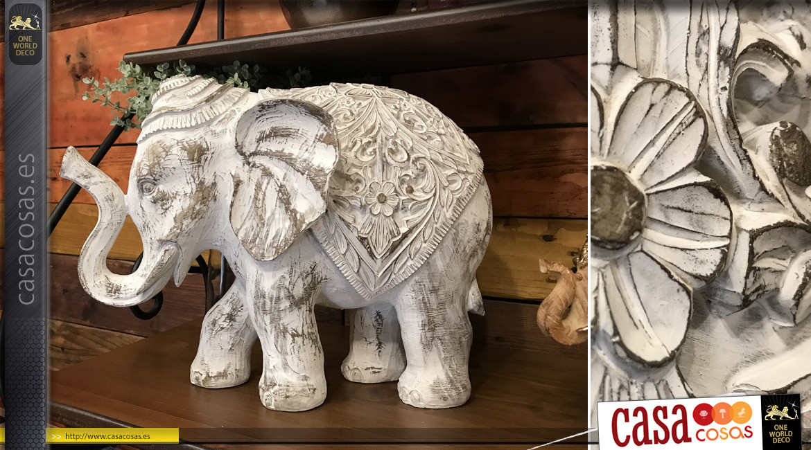 Estatuilla de elefante tallada en madera envejecida y blanqueada 40 cm