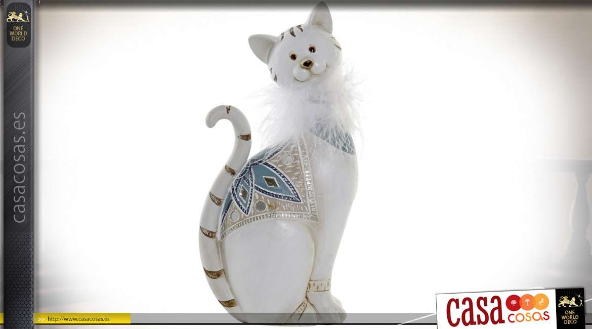 Estatuilla de gato en resina acabado blanco brillo, mosaico espejo en el dorso del felino, 23cm