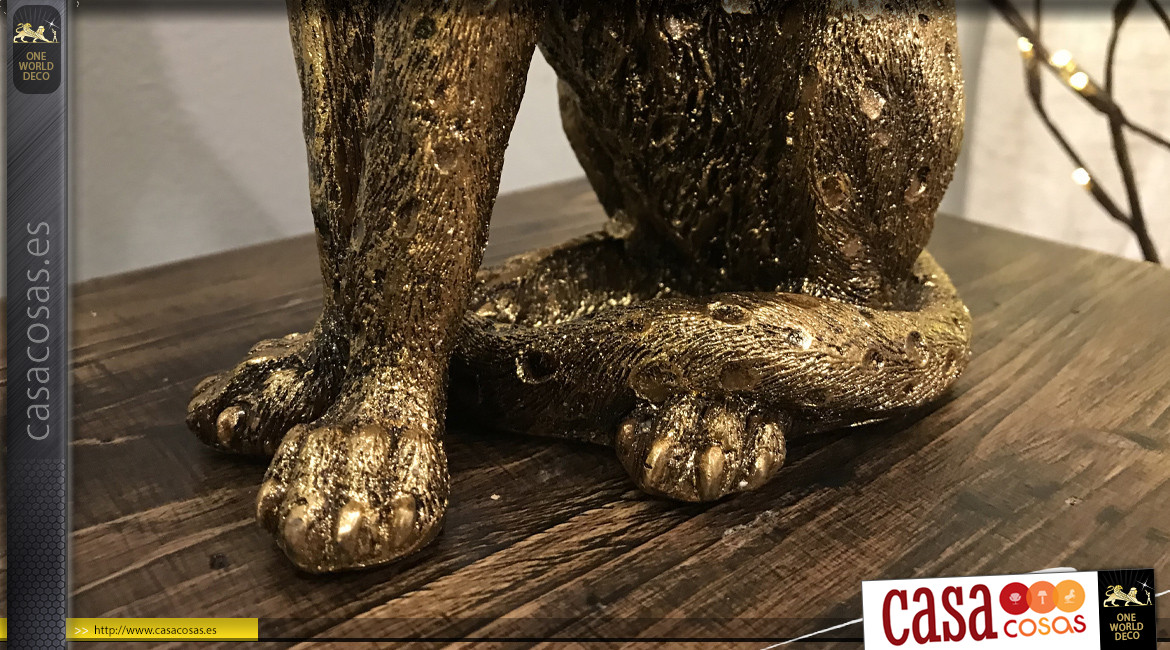 Estatuilla de leopardo sentado en resina, acabado oro viejo, altura final 26cm
