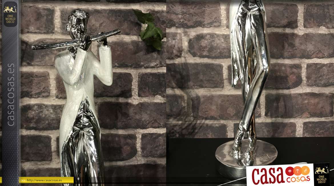 Estatuilla de resina con acabado cromado brillante, flautista, 35 cm
