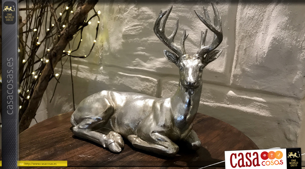 Estatuilla de resina de ciervo tumbado, acabado plata efecto envejecido, 27cm