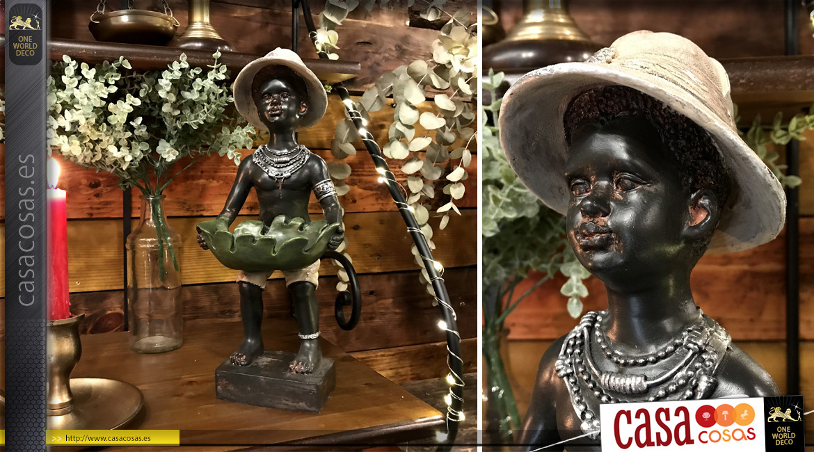 Estatuilla de resina de estilo colonial, hombre africano con bob en la cabeza, 34cm