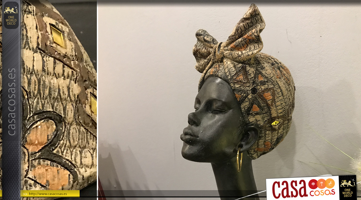 Estatuilla de resina de mujer africana de cuello largo, acabado carboncillo envejecido y dorado, 42cm