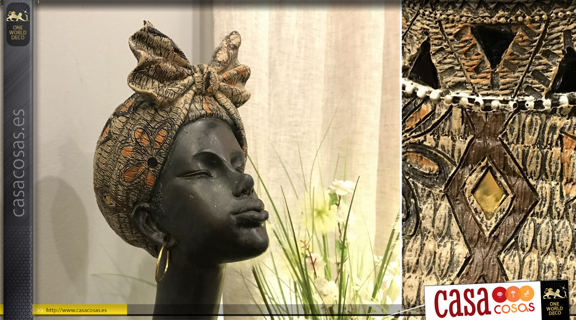 Estatuilla de resina de mujer africana de cuello largo, acabado carboncillo envejecido y dorado, 42cm