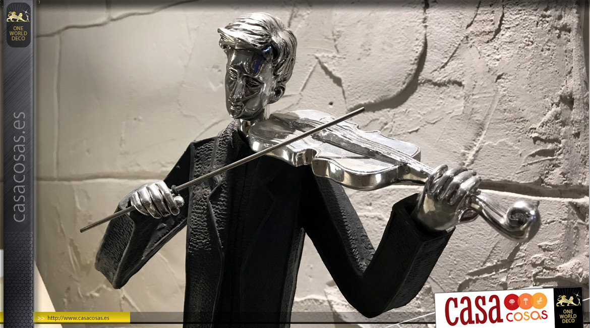 Grande violinista, de resina con acabado carboncillo y plata vieja, 79 cm