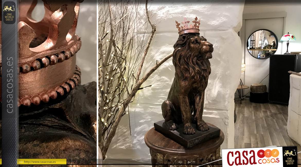 León majestuoso en resina, acabado bronce cobrizo brillante, coronado e imperial, 54cm