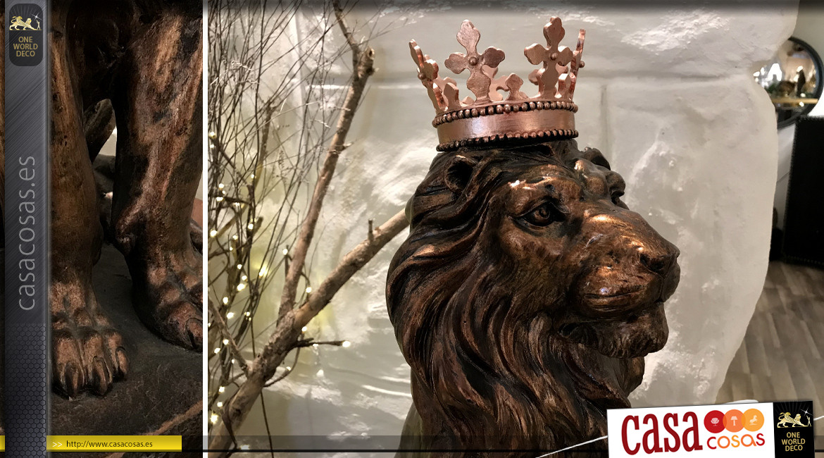 León majestuoso en resina, acabado bronce cobrizo brillante, coronado e imperial, 54cm