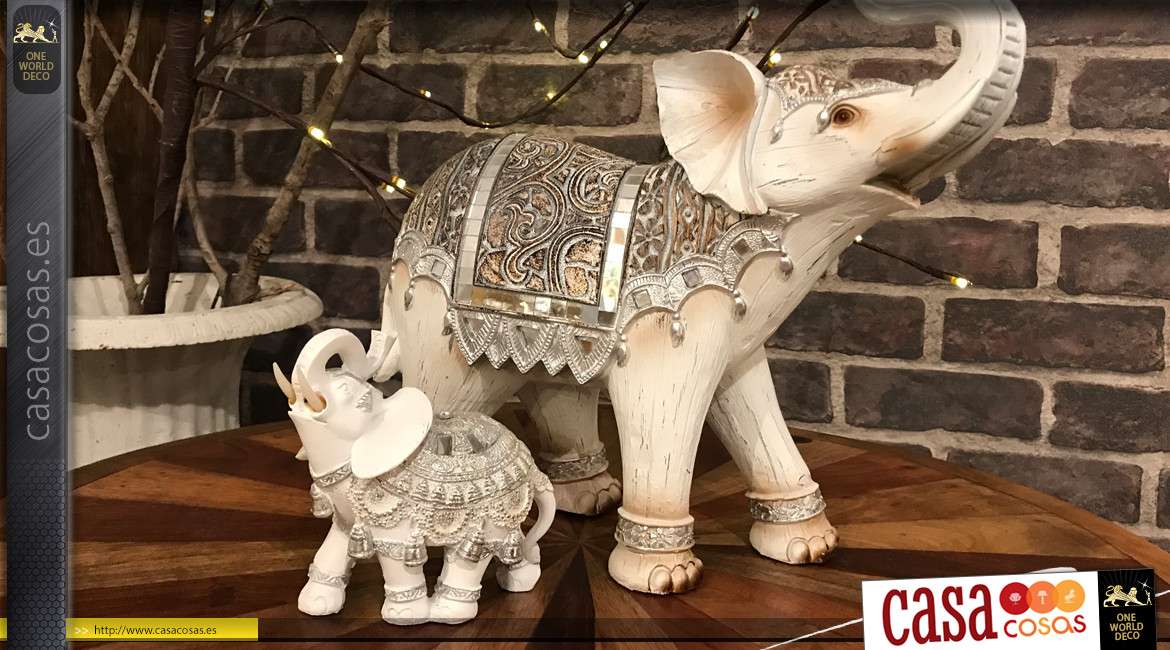 Pequeña estatuilla decorativa de elefante indio blanco y de plata