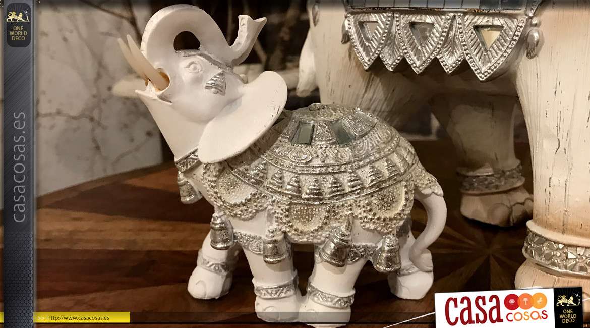 Pequeña estatuilla decorativa de elefante indio blanco y de plata