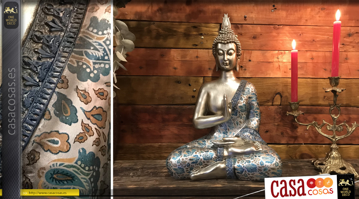 Representación de Buda en resina, acabado champán con ropa formal azul turquesa, 47cm