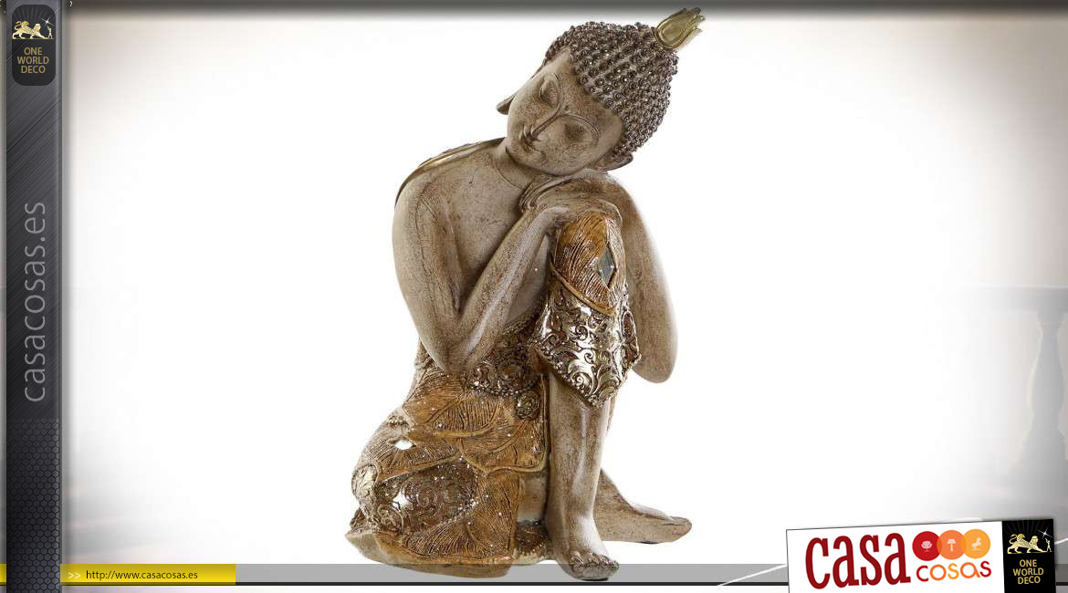 Representación de Buda sentado, de resina con acabado dorado antiguo, ambiente chic, 19cm.