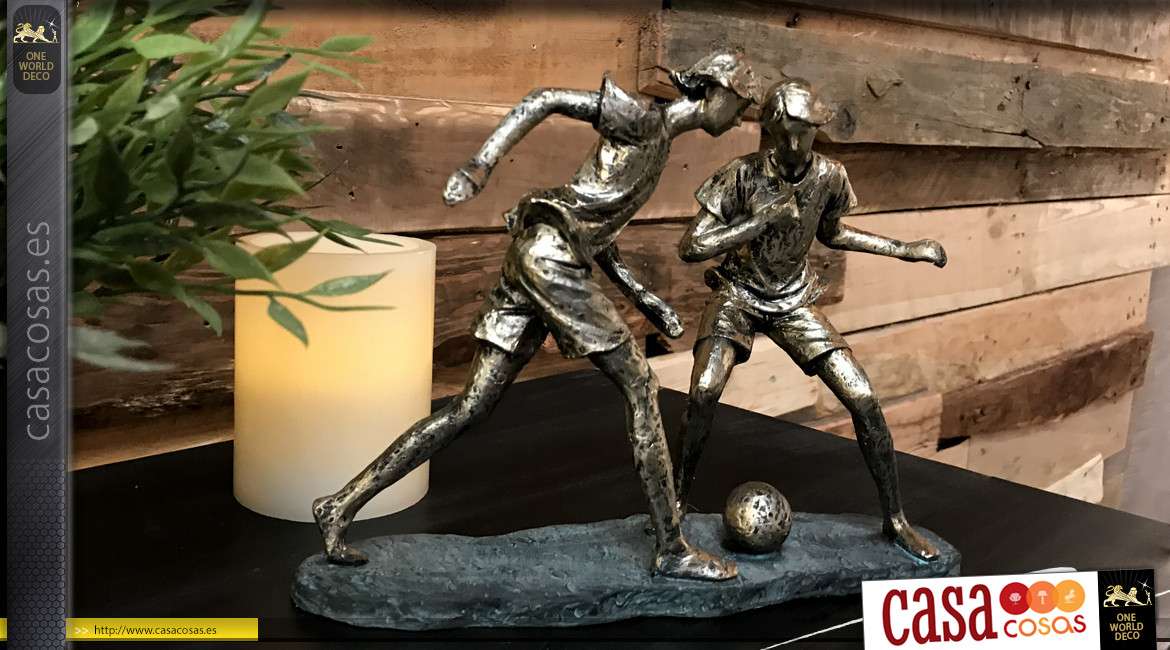 Representación de dos jóvenes jugando al fútbol, acabado cobre antiguo, decoración vintage, 23cm