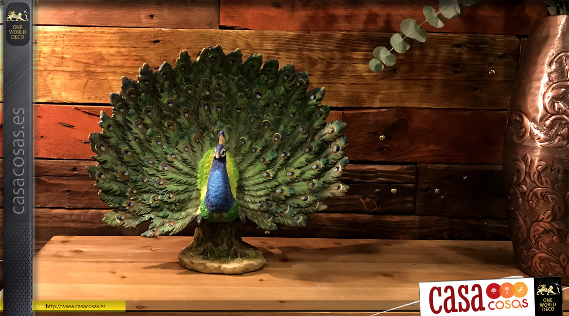 Representación de un pavo real en plena rueda, estatuilla de resina muy colorida y símbolo de la inmortalidad, 40cm