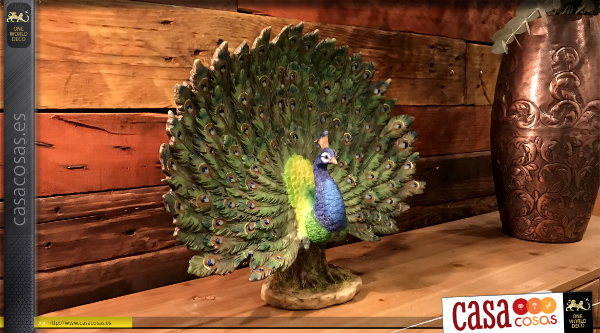 Representación de un pavo real en plena rueda, estatuilla de resina muy colorida y símbolo de la inmortalidad, 40cm