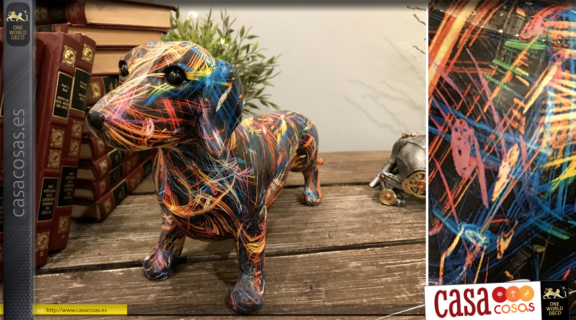 Representación de un perro salchicha en resina, acabado de color para un ambiente de diseño moderno, 20cm