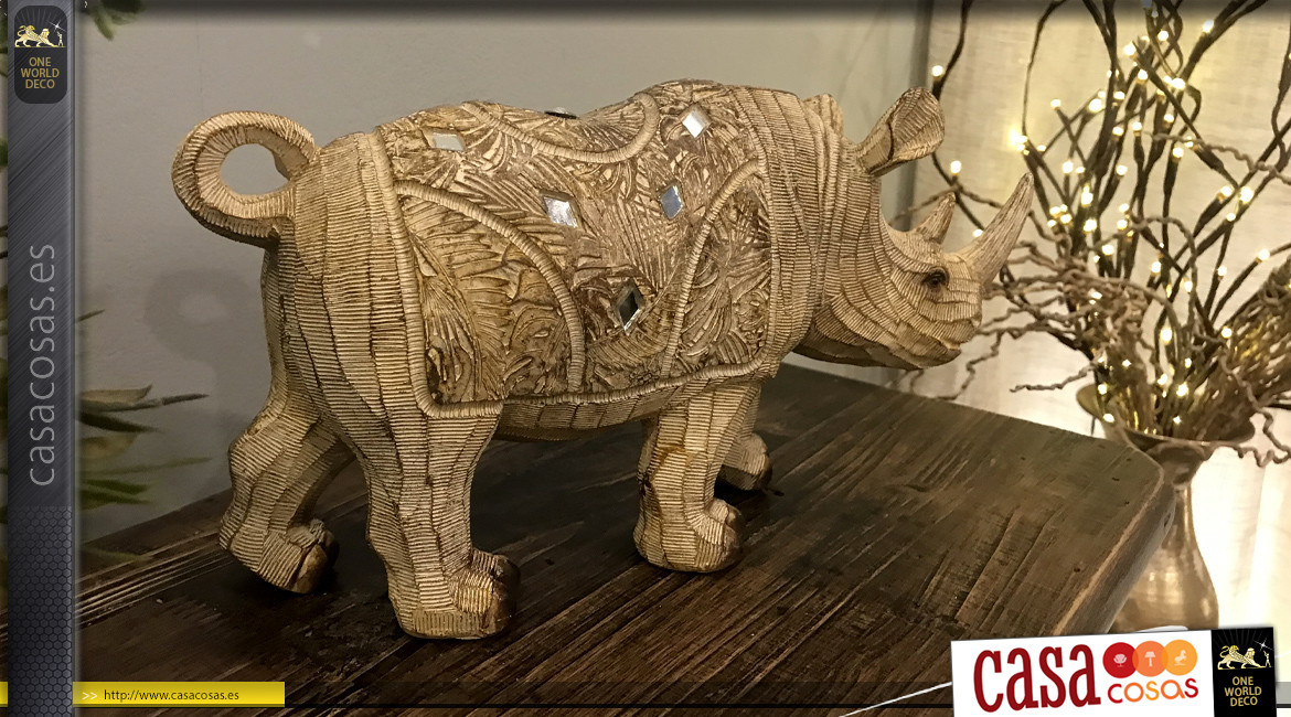 Representación de un rinoceronte de resina efecto madera tallada, 30cm