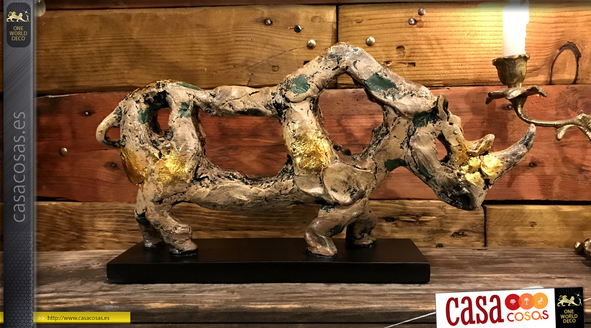 Representación de un rinoceronte efecto escultura de madera flotante, ambiente elegante y contemporáneo, 40cm