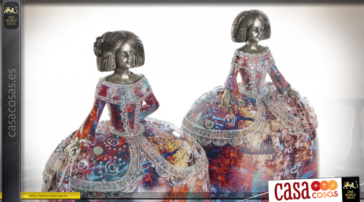 Serie de 2 esculturas de mujeres de la corte real en resina, grandes vestidos de colores, 21cm