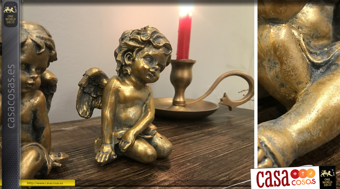 Serie de dos pequeñas estatuillas de ángel con efecto envejecido acabado dorado, 12cm