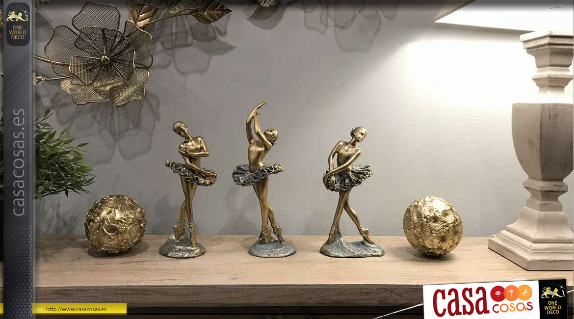 Serie de tres bailarinas de resina, acabados brillantes y envejecidos, estilo bailarina de ópera, 21cm