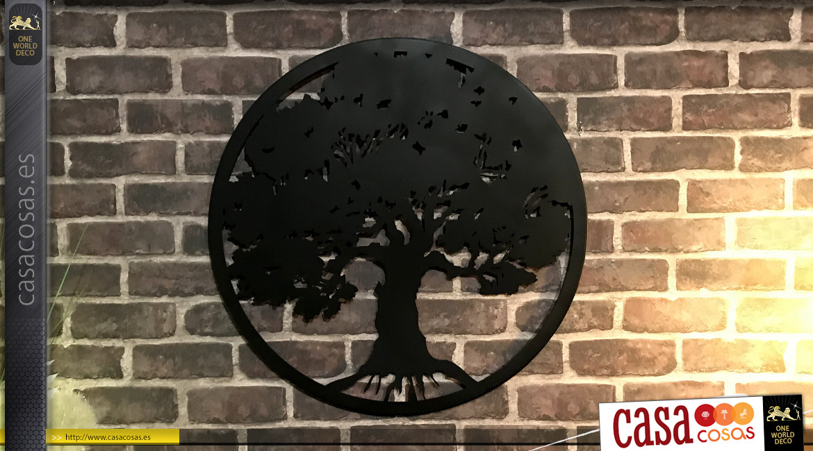 Decoración árbol de la vida Baobab en forma de disco redondo, en metal acabado negro carbón, colección DMJ, Ø60cm