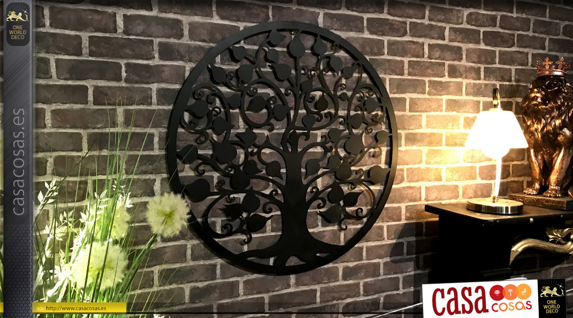 Azufaifo, gran decoración del árbol de la vida en forma de disco redondo, en metal acabado negro carbón, colección DMJ, Ø82cm