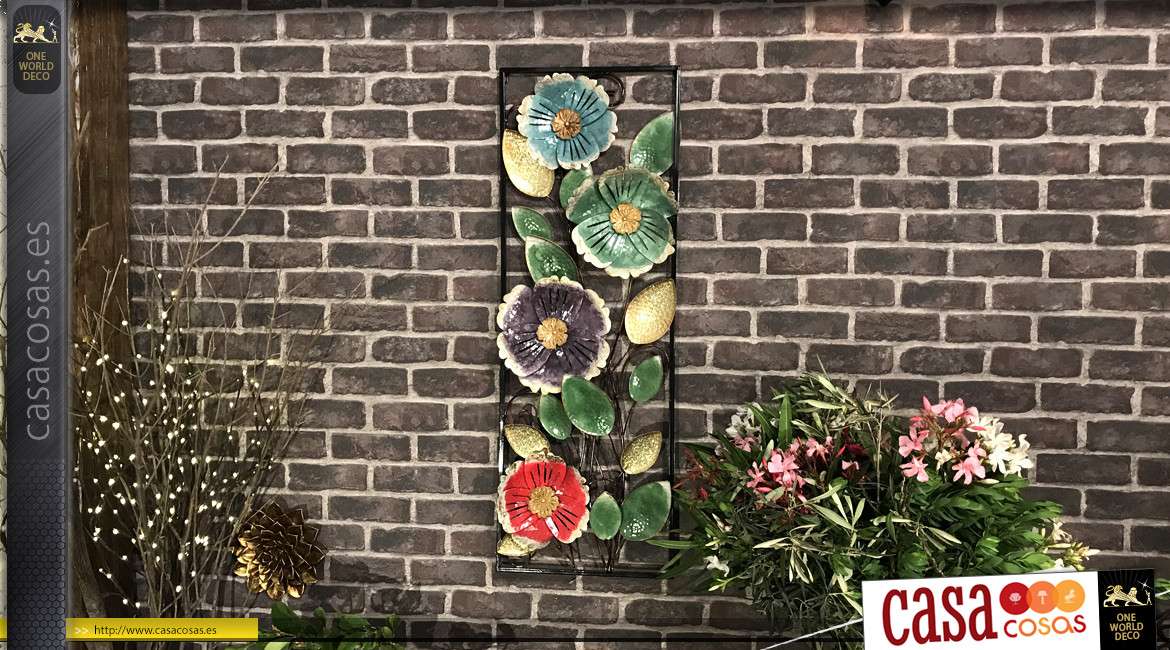 Decoración de pared de metal grande: marco de flores multicolores 102 cm.