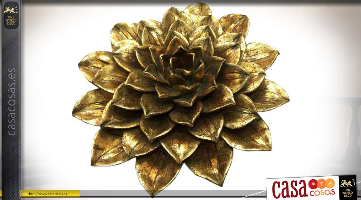 Decoración de pared en relieve, flor de loto estilizada acabado oro viejo Ø 23 cm