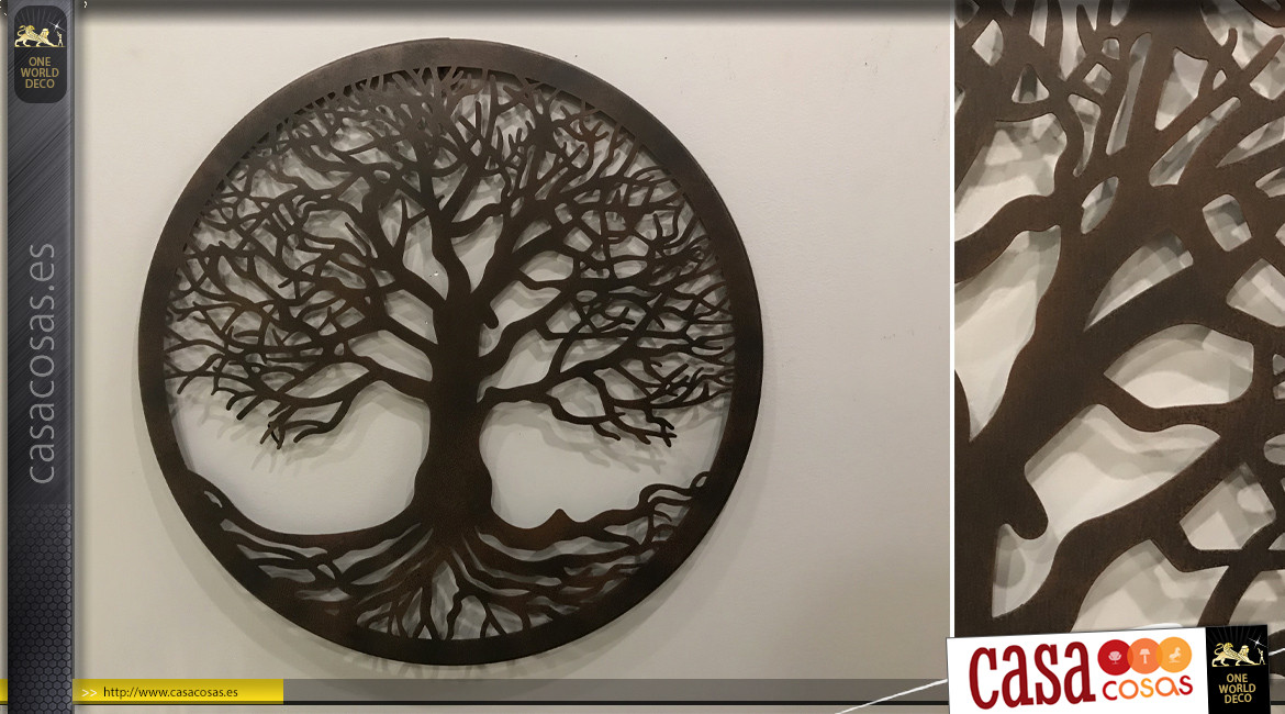 Limonero, gran decoración Árbol de la Vida en forma de disco redondo, en metal acabado negro antracita, colección DMJ, Ø60cm