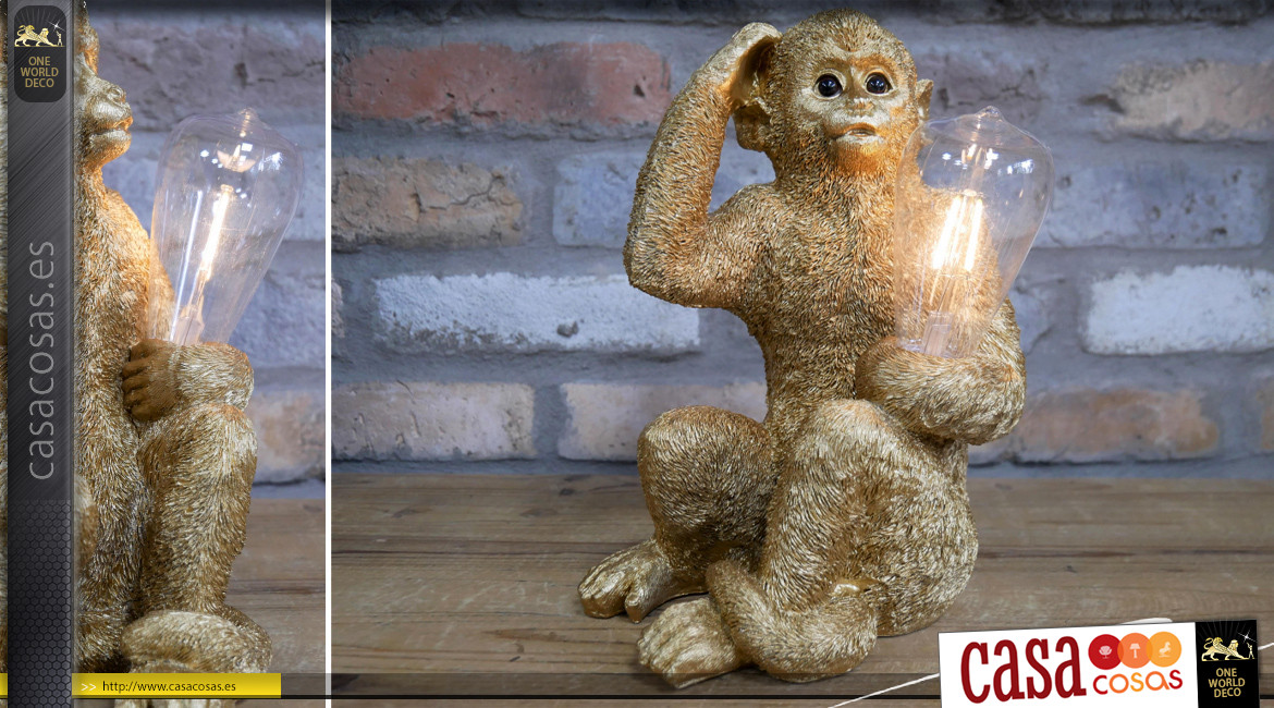 Escultura luminosa de un mono de resina con acabado dorado antiguo, efecto realista, 28cm