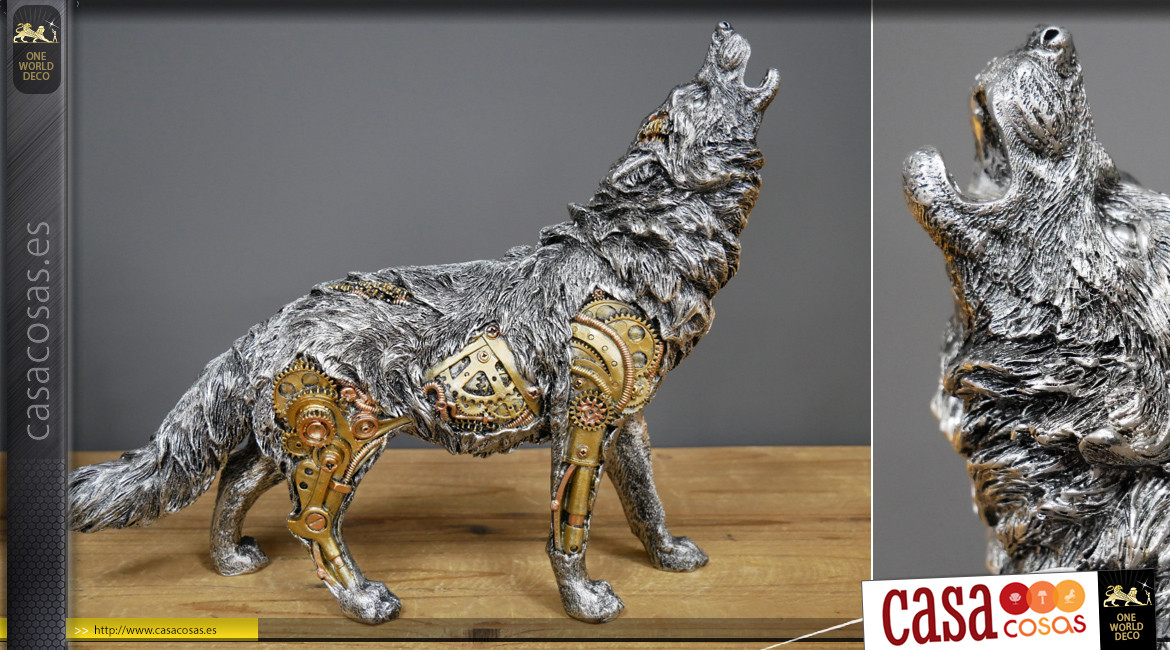 Estatuilla de lobo en versión Steampunk, en acabado resina efecto metal con toques dorados y acabado en latón, envergadura 30 cm