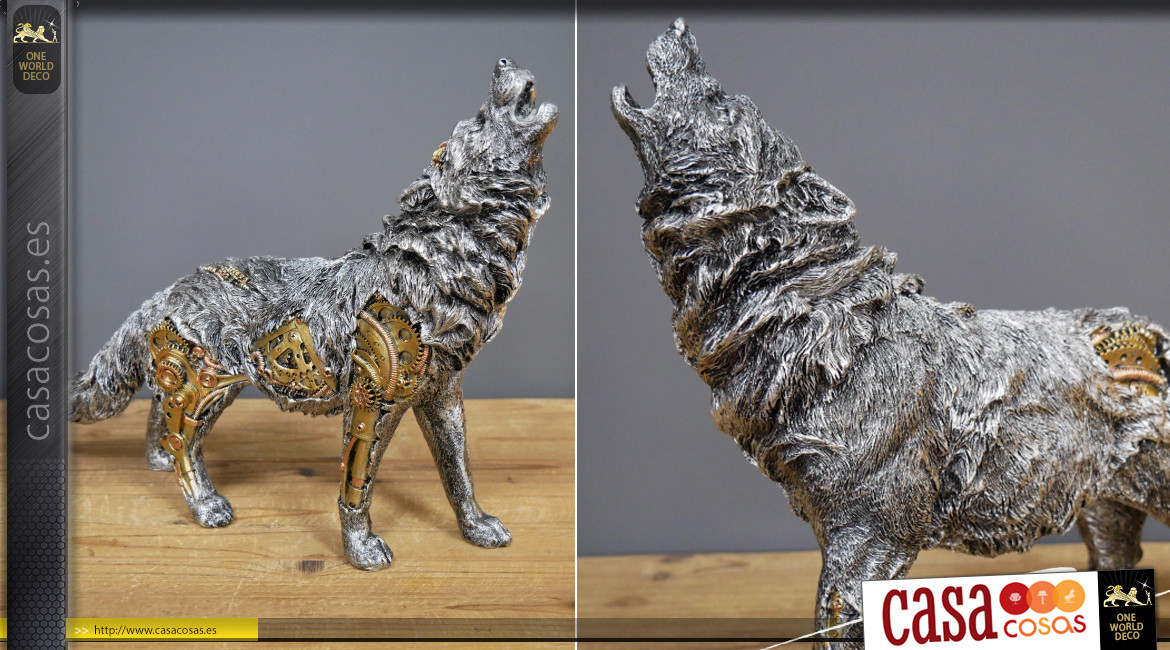 Estatuilla de lobo en versión Steampunk, en acabado resina efecto metal con toques dorados y acabado en latón, envergadura 30 cm