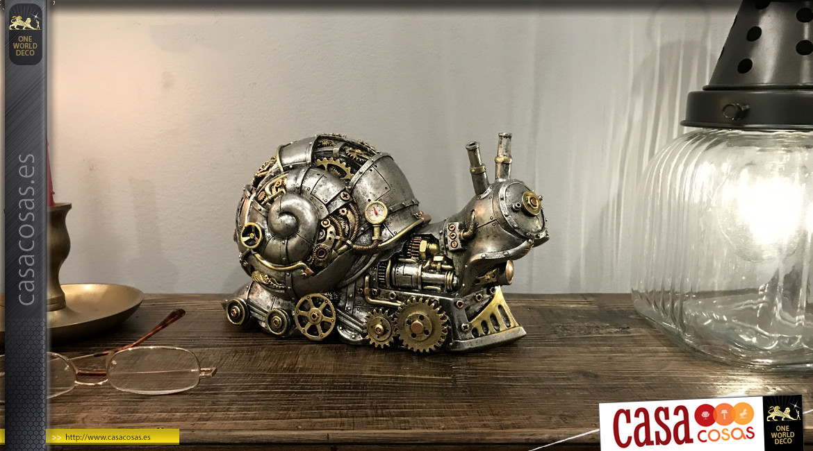 Caracol en versión Steampunk, decoración animal para posar en efecto metal acabado cobre y oro, atmósfera robot y máquina, 26cm