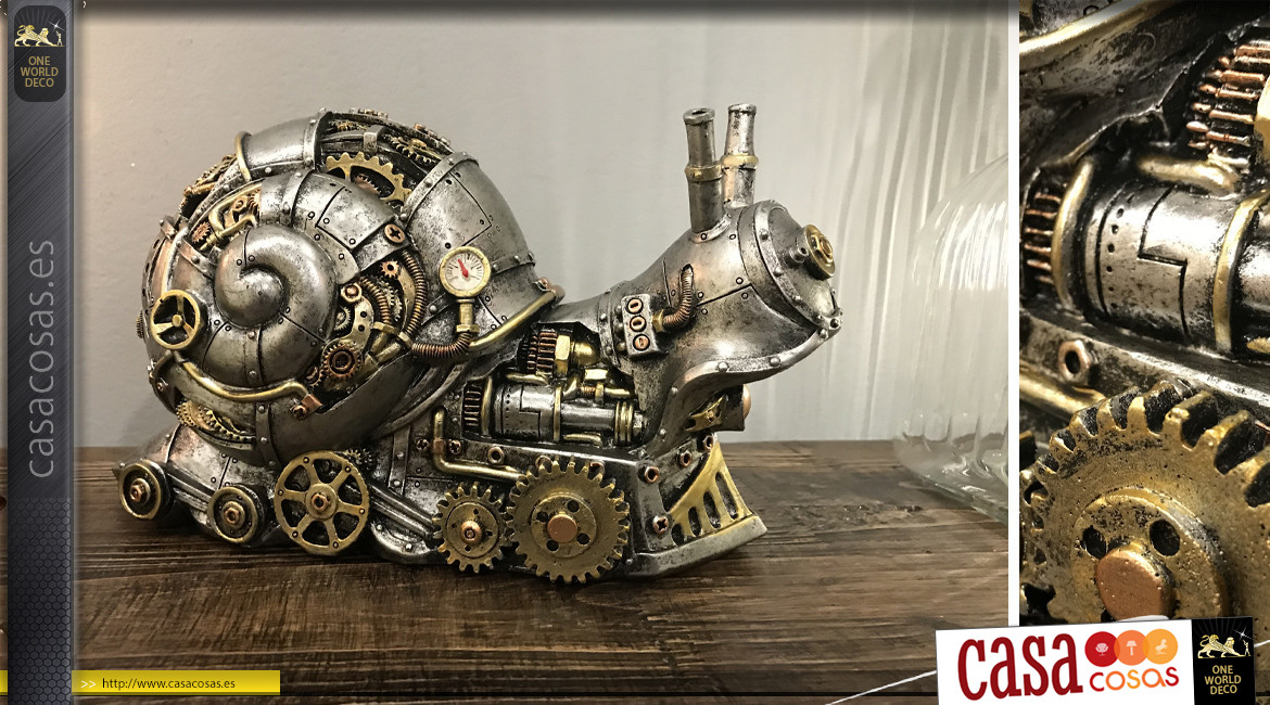 Caracol en versión Steampunk, decoración animal para posar en efecto metal acabado cobre y oro, atmósfera robot y máquina, 26cm