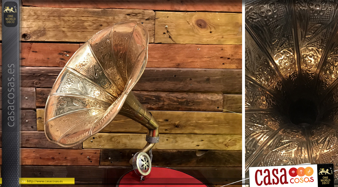 Gramófono de madera con acabado de caoba, cuerno grande de metal dorado efecto latón, funcional, reproducción de los años 30