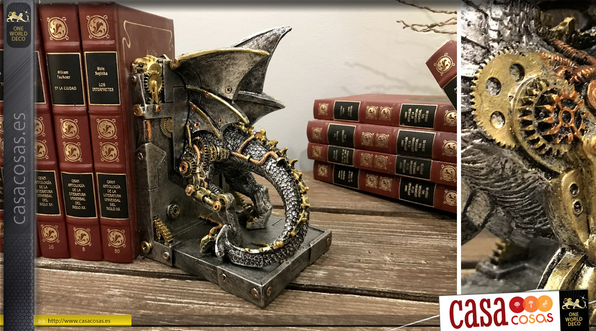 Par de sujetalibros de resina en forma de dragón, efecto metal antracita con engranajes dorados y cobre, colección Steampunk, 20cm