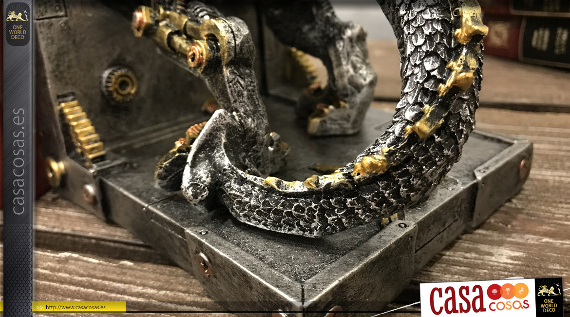 Par de sujetalibros de resina en forma de dragón, efecto metal antracita con engranajes dorados y cobre, colección Steampunk, 20cm