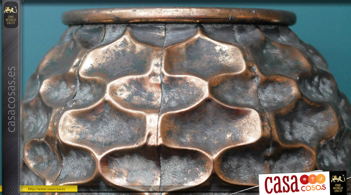 Jarrón grande de metal acabado cobre envejecido, efecto relieve en eslabones de cadena, ambiente moderno, Ø28cm