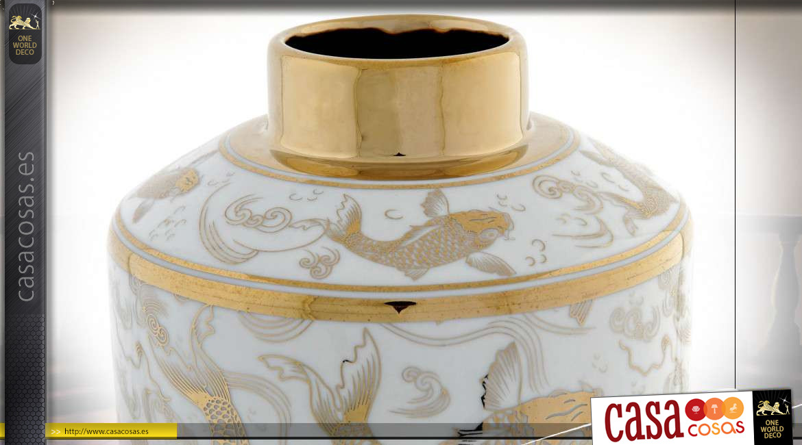Caja decorativa de porcelana blanca con tapa, dibujos de peces dorados brillantes, ambiente asiático, Ø14cm
