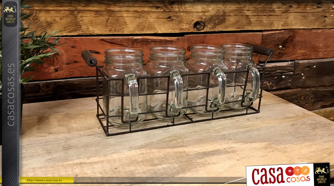 Conjunto de 5 jarrones botellas con caja de madera y cuerda 44 cm.