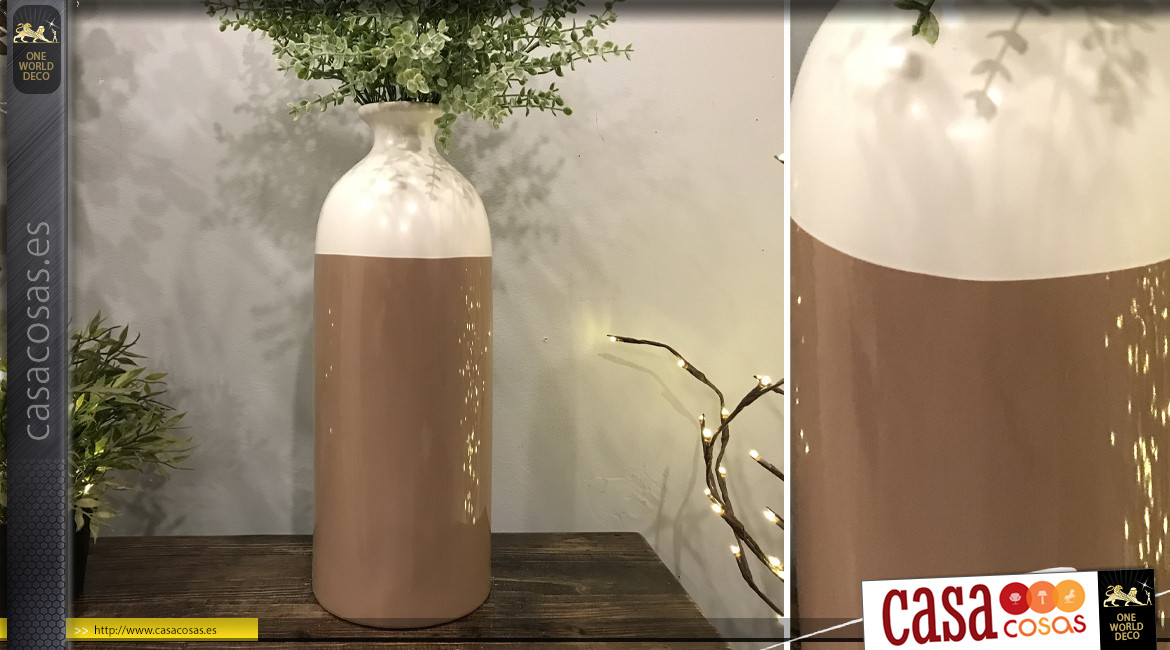 Jarrón de cerámica brillante, blanco y marrón, 41 cm en forma de botella