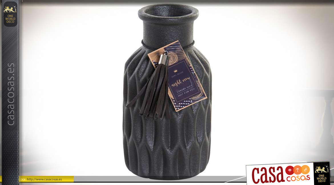 Jarrón decorativo de cerámica, acabado negro carbón con relieve de diamantes, tacto moderno, Ø9,5cm